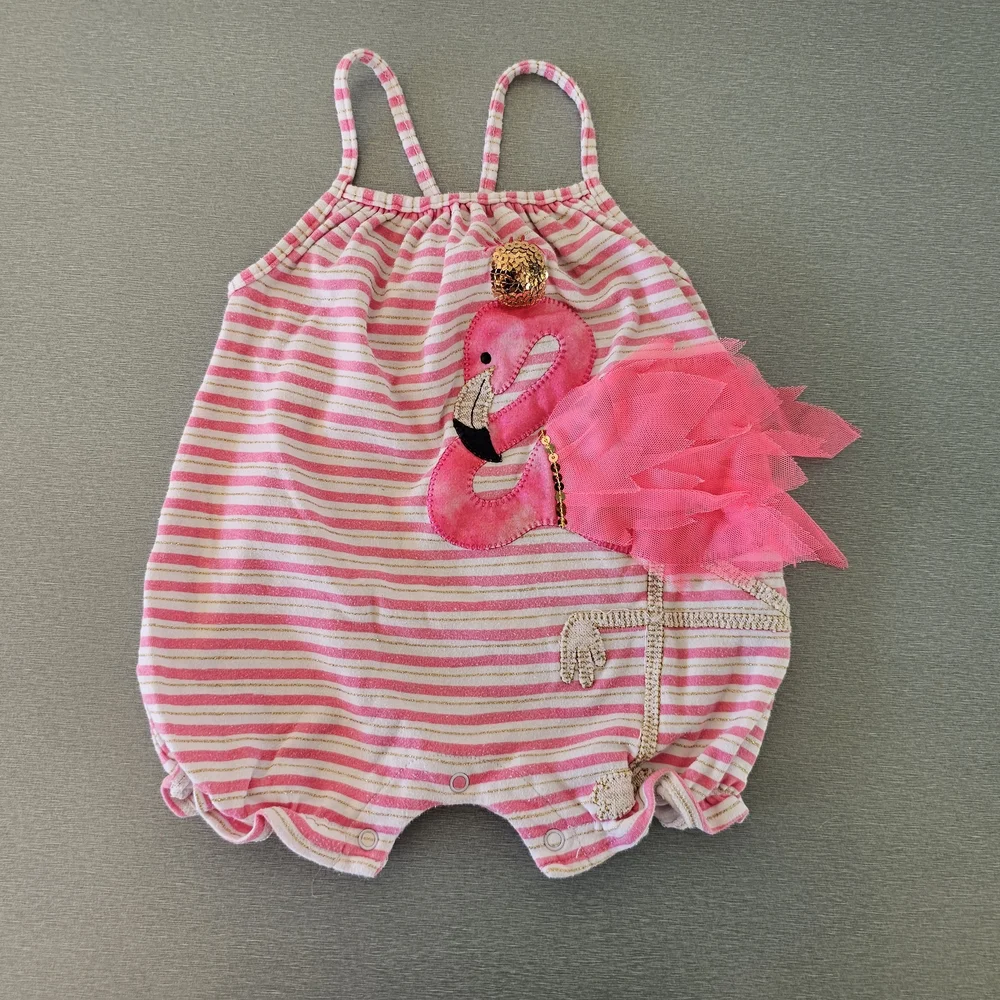 Mud Pie Baby Girl Flamingo Romper 9-12M Pink Striped Summer Outfit Cute